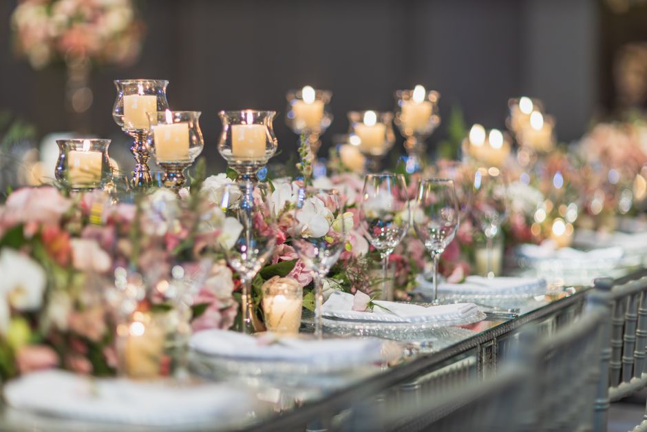 Elegant wedding banquet table setup with fine dining details